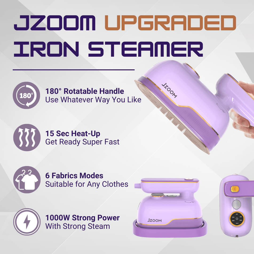 JZOOM Portable Travel Garment Dolphin Iron Steamer, 6 Fabrics Modes, 15 - Sec Fast Heat Up, 180° Rotatable - JZOOM - 