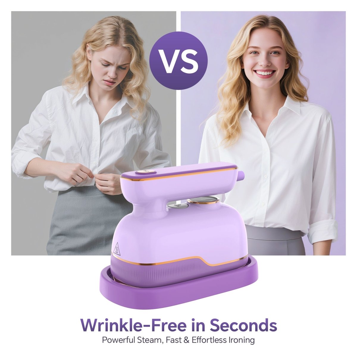 Comparison of a wrinkled white shirt versus a perfectly steamed white shirt using the Jzoom S10 garment steamer, demonstrating fast and effortless wrinkle removal.