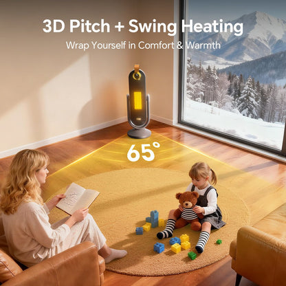 Visual showing JZOOM heater's 3D pitch and swing heating with 65-degree coverage for wrapping warmth.