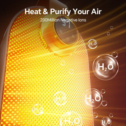 JZOOM heater icon with text indicating it heats and purifies air by releasing 200 million negative ions.