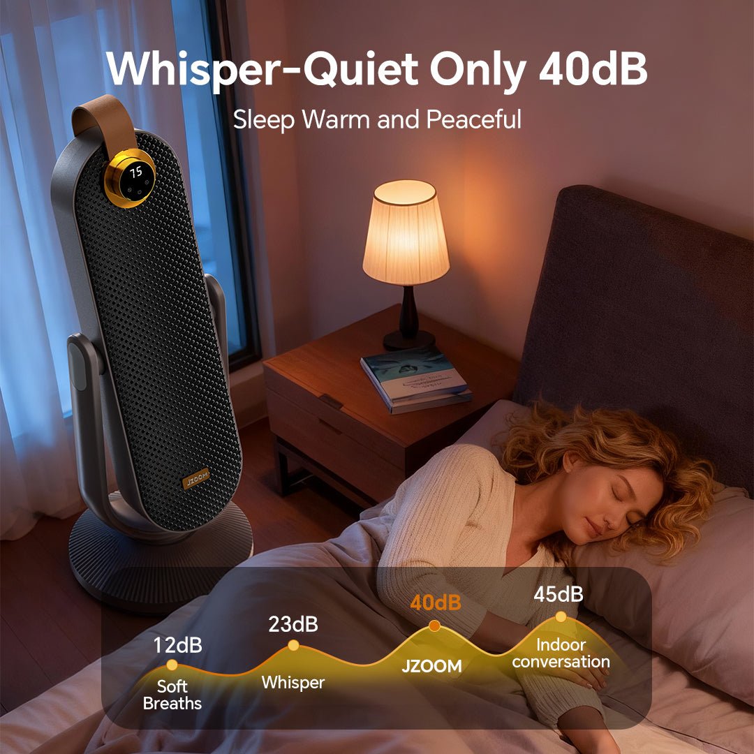 The noise level comparison chart shows the JZOOM heater at 40dB is much quieter than a normal conversation, ensuring peaceful sleep.