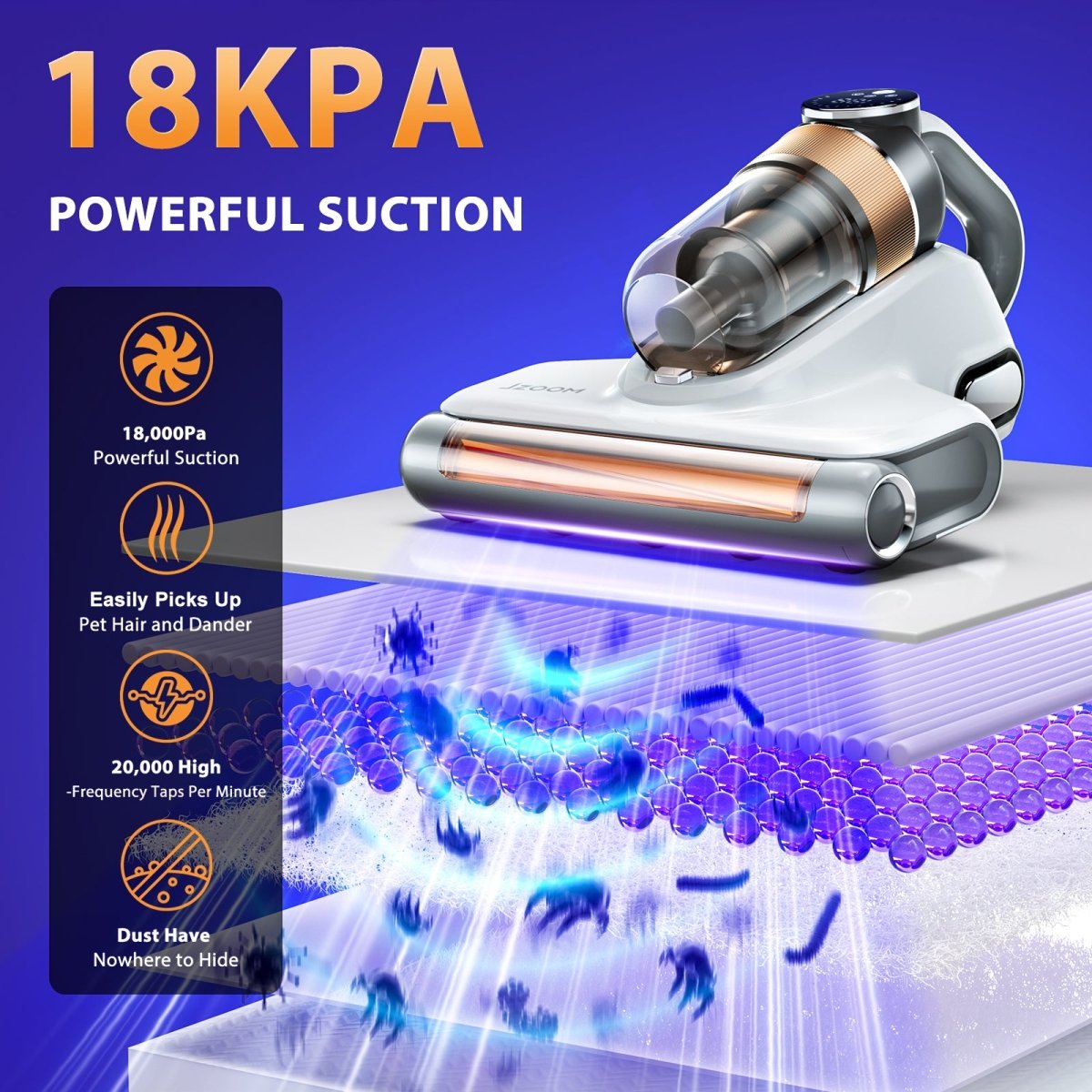 Jzoom mattress vacuum cleaner - 18KPA powerful suction: 20,000 high-frequency taps/min, easily picks up pet hair/dander (dust has nowhere to hide).