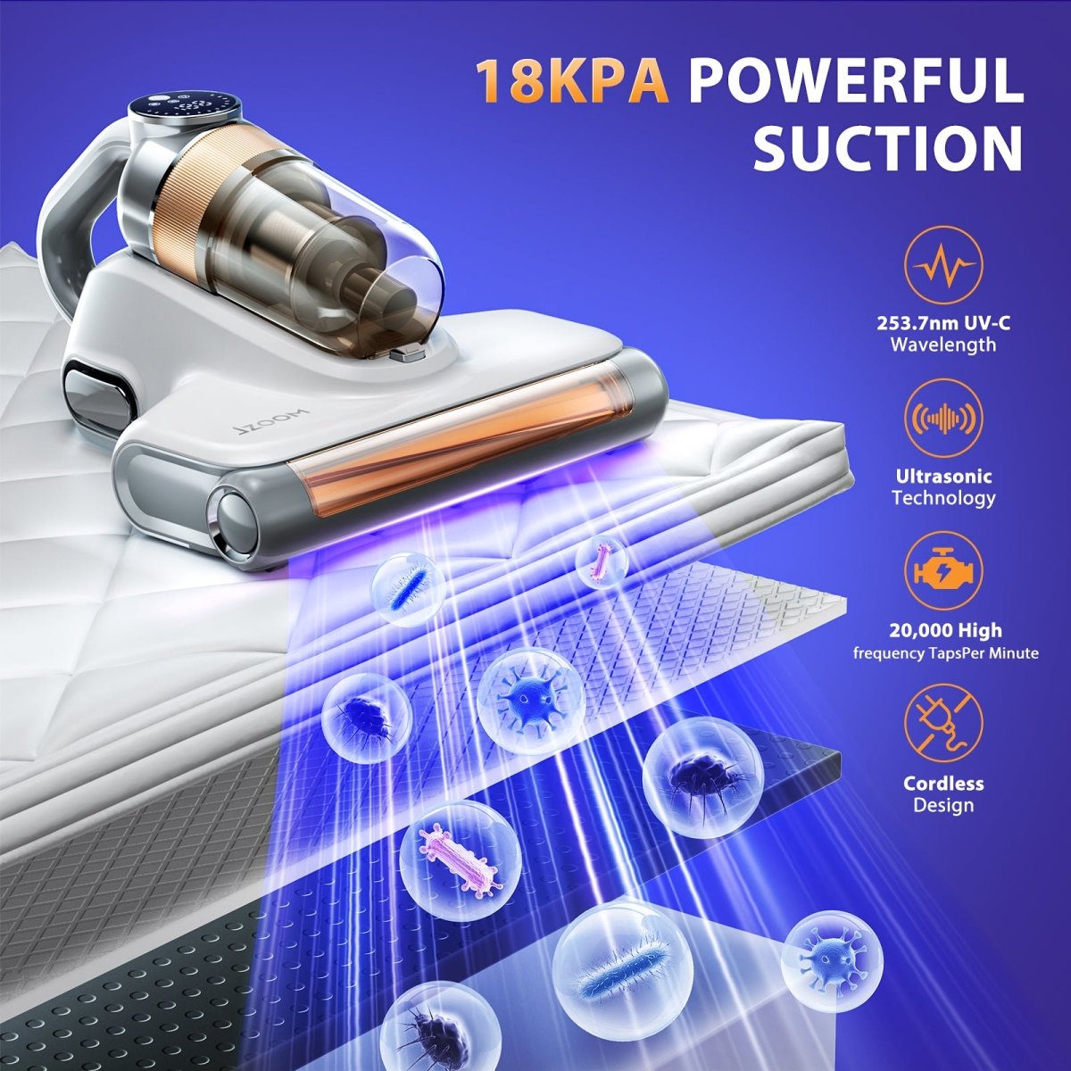 Jzoom mattress vacuum cleaner - 18KPA powerful suction + 253.7nm UV-C + ultrasound + 20,000 high-frequency taps + cordless design (deep removes mites/bacteria).