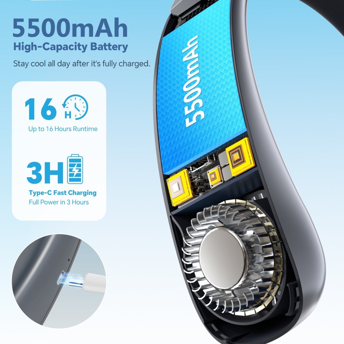 Jzoom neck fan - 5500mAh high-capacity battery: up to 16 hours runtime, 3-hour Type-C fast charging (stay cool all day).