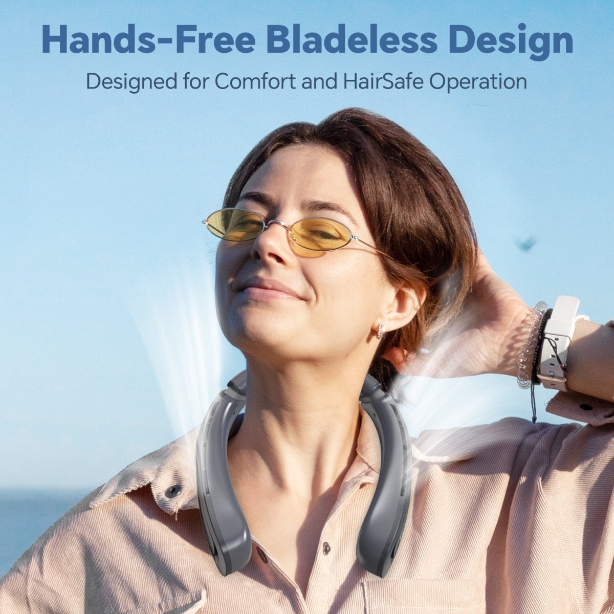 Jzoom neck fan - hands-free bladeless design: comfortable to wear, hair-safe operation (no risk of hair entanglement).