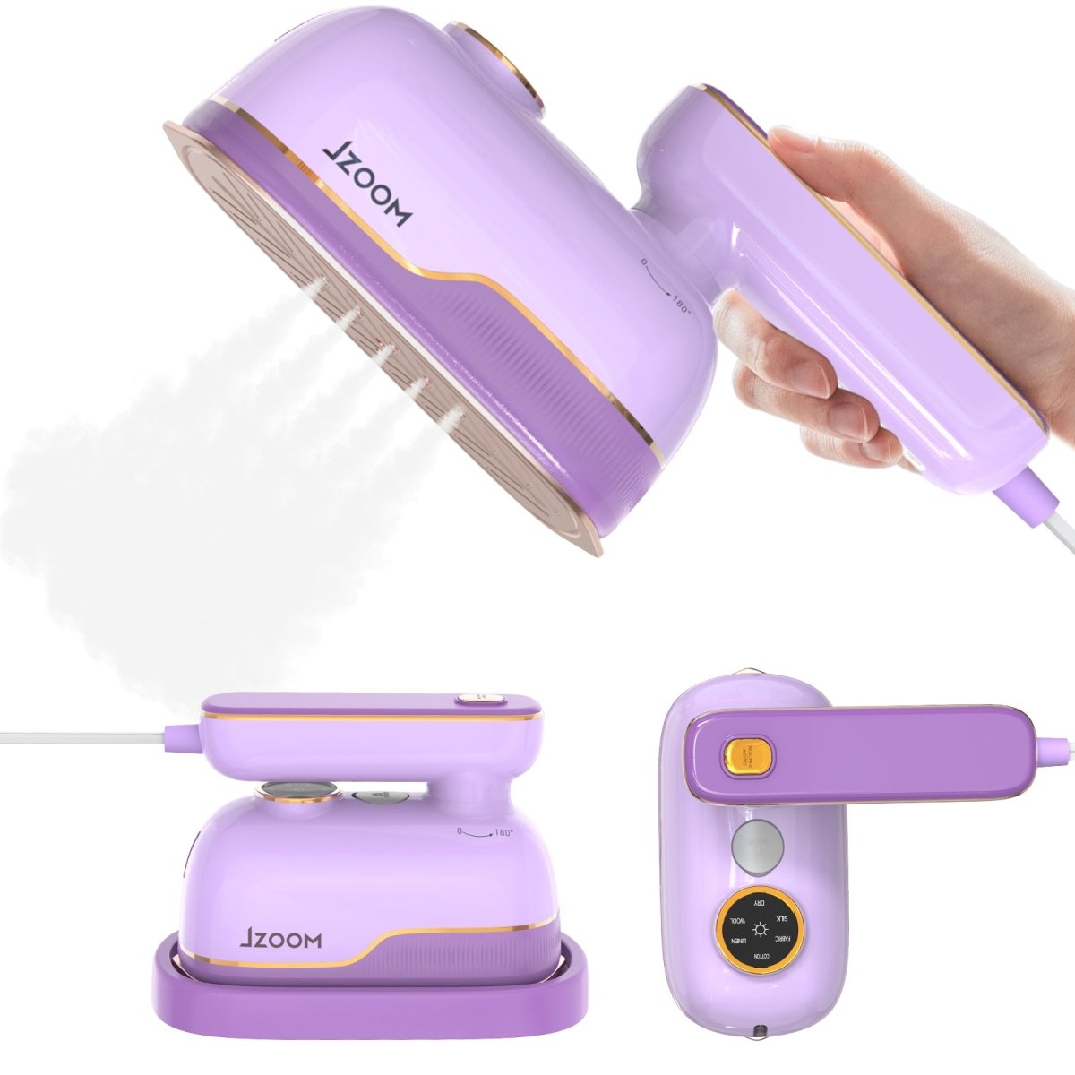 JZOOM S10 garment steamer - multi-form design: handheld (steam output), base-mounted (stable placement), and compact storage shape.