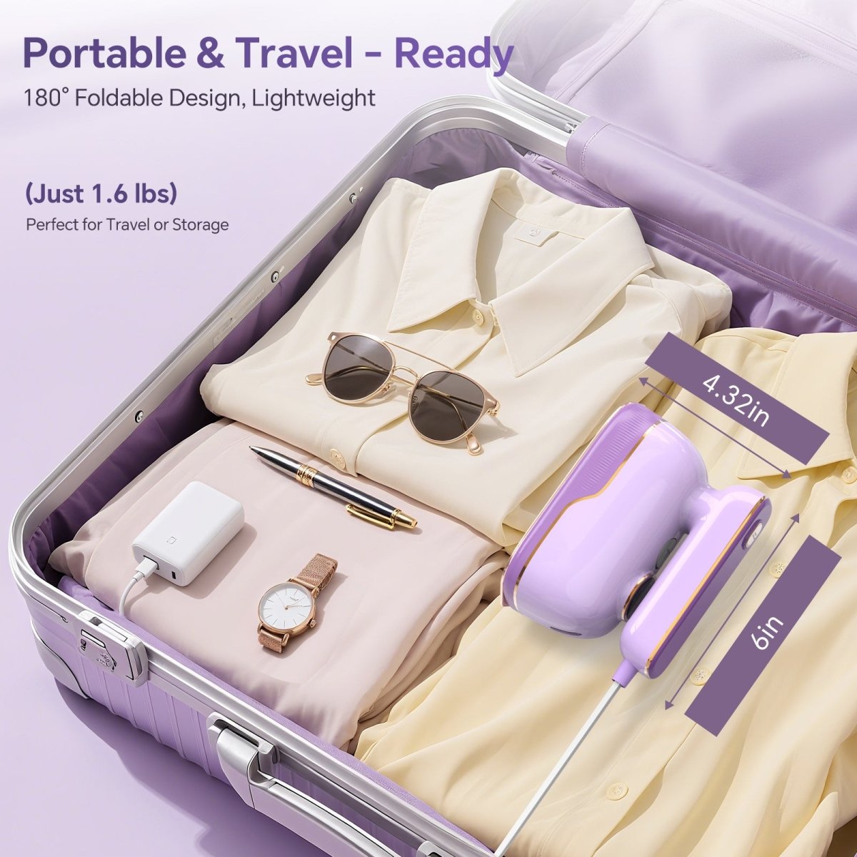 JZOOM S10 garment steamer - portable & travel-ready: 180° foldable design, lightweight (1.6 lbs), compact (4.32×6in) for luggage storage.