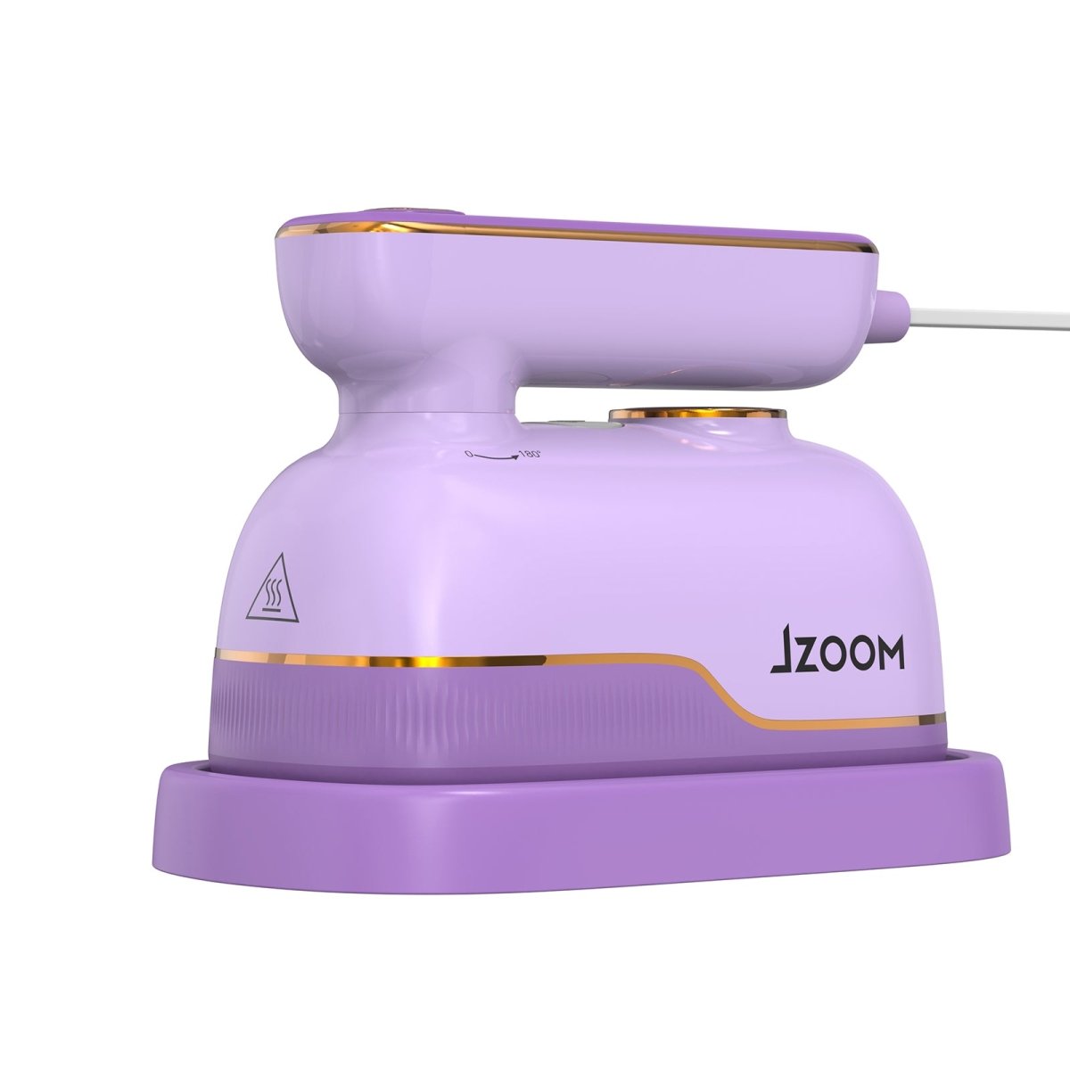 Front view of JZOOM S10 portable handheld iron steamer on white background - product design detail with purple & gold accents, including 180° rotatable handle mark and heat warning label.