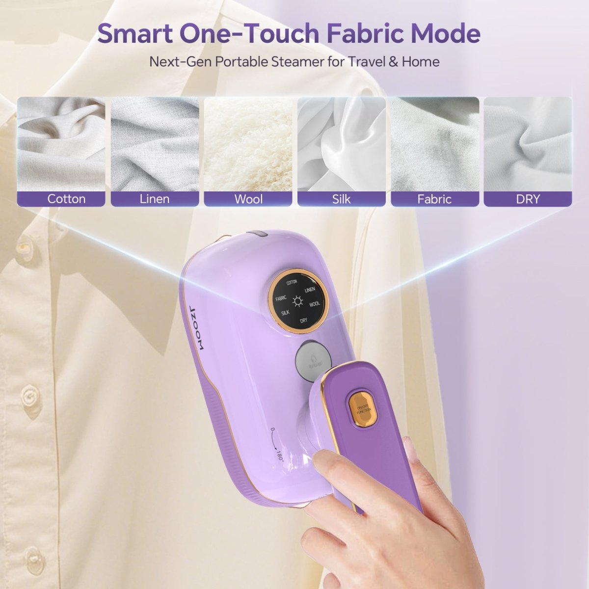JZOOM S10 garment steamer - smart one-touch fabric mode: 6 preset settings (Cotton/Linen/Wool/Silk/Fabric/DRY) for travel & home use.