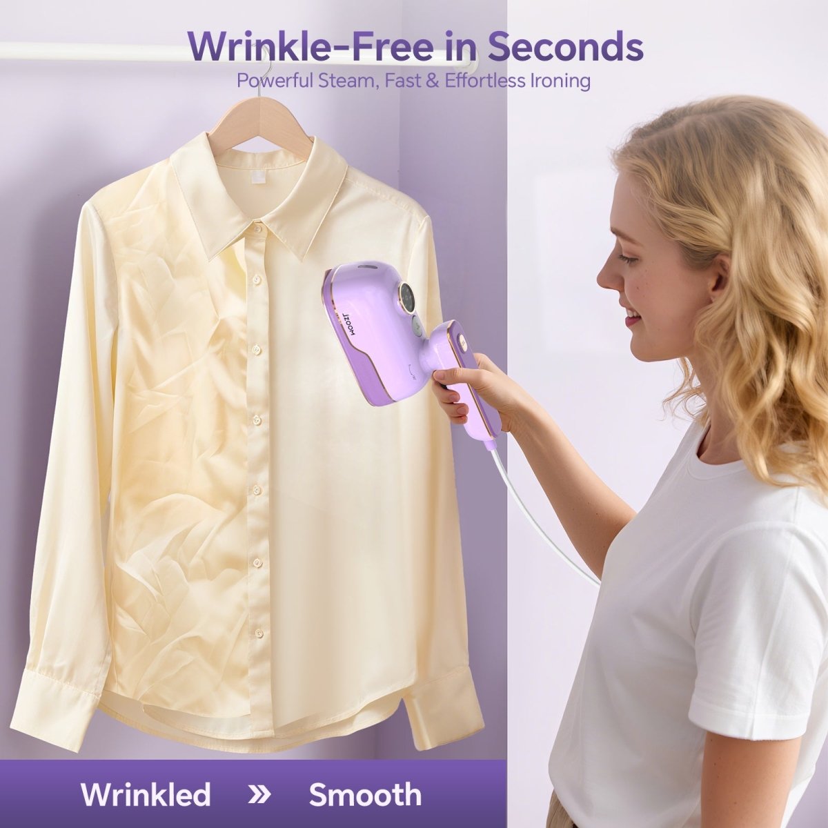 JZOOM S10 garment steamer - wrinkle-free in seconds: powerful steam smooths silk shirt fast and effortlessly (wrinkled to smooth).