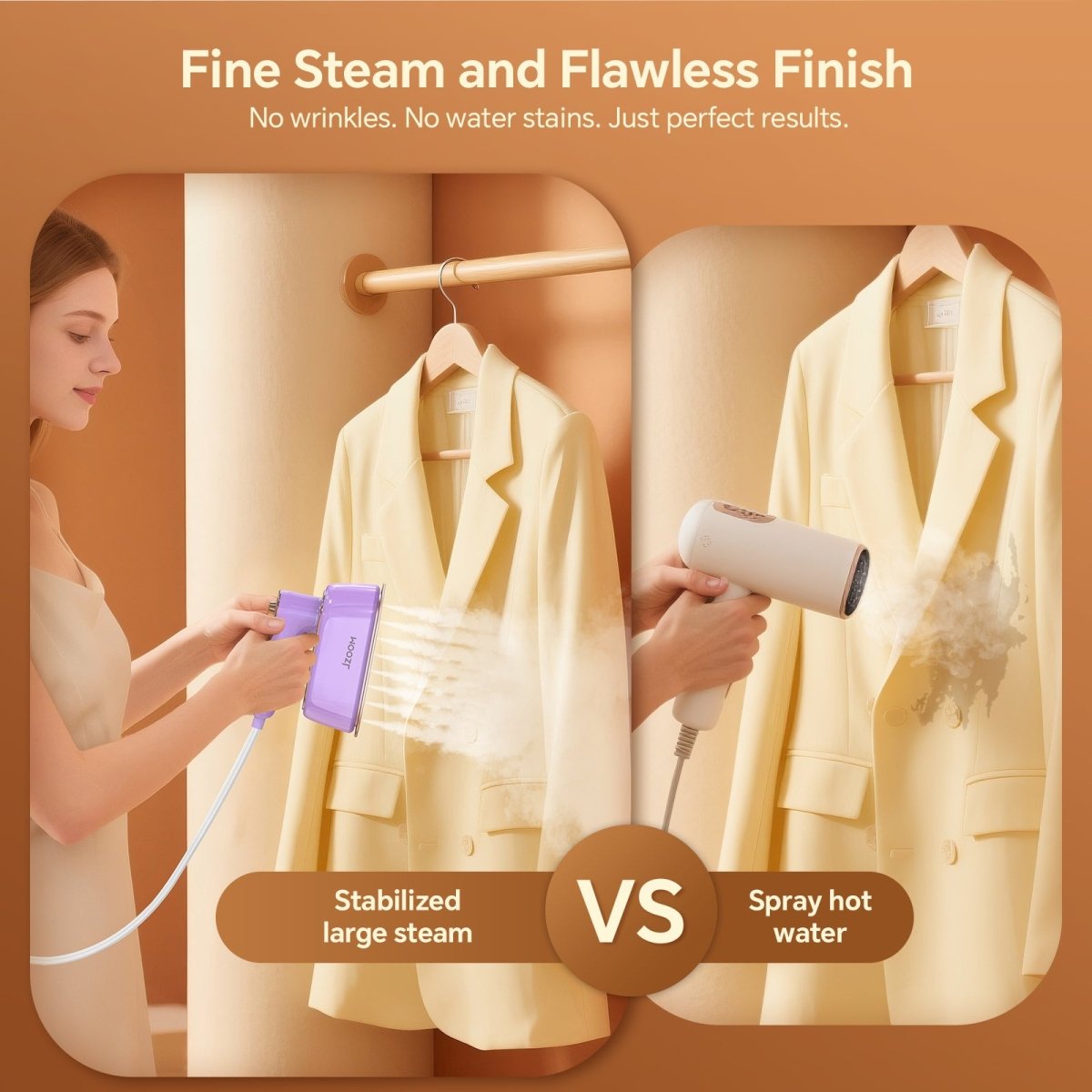 JZOOM S9 garment steamer - fine stabilized large steam (no wrinkles/water stains) vs regular steamer (spray hot water with flaws)