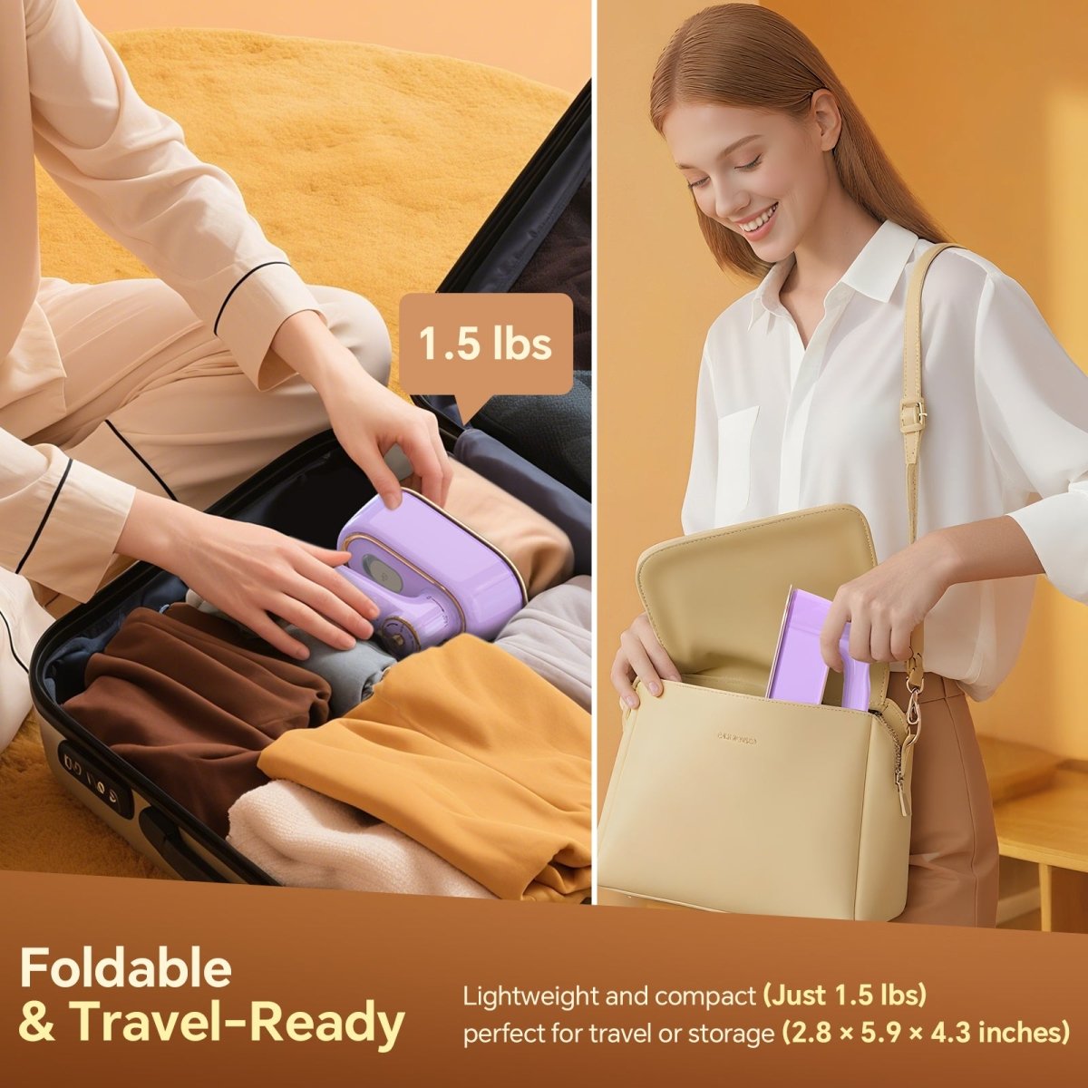 JZOOM S9 garment steamer - foldable & travel-ready: lightweight (1.5 lbs) and compact (2.8×5.9×4.3 inches), fits in luggage or small bag.