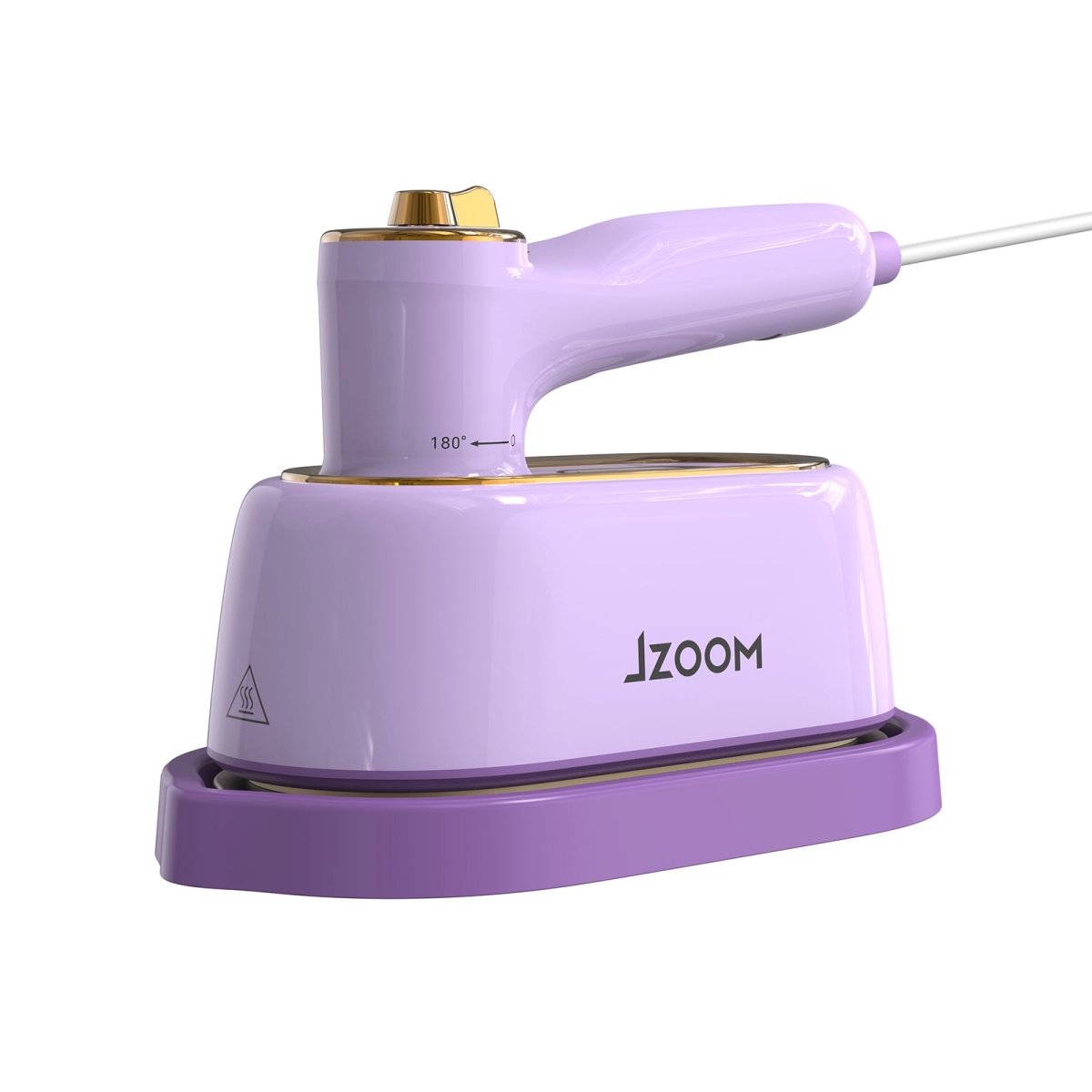 JZOOM S9 garment steamer - product appearance detail with purple & gold design, 180° rotatable handle mark, and heat warning label.
