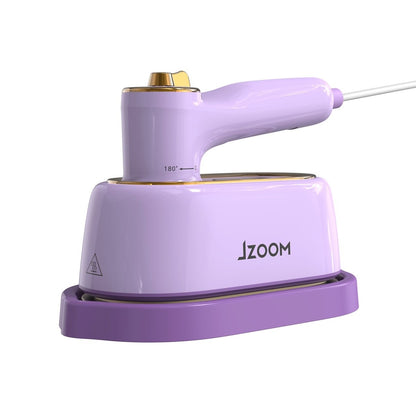 JZOOM S9 garment steamer - product appearance detail with purple & gold design, 180° rotatable handle mark, and heat warning label.