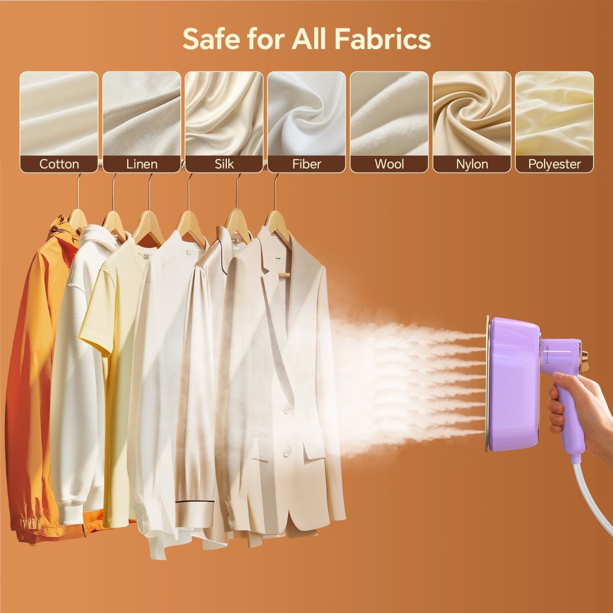 JZOOM S9 garment steamer - safe for all fabrics (cotton, linen, silk, fiber, wool, nylon, polyester) with gentle steam.