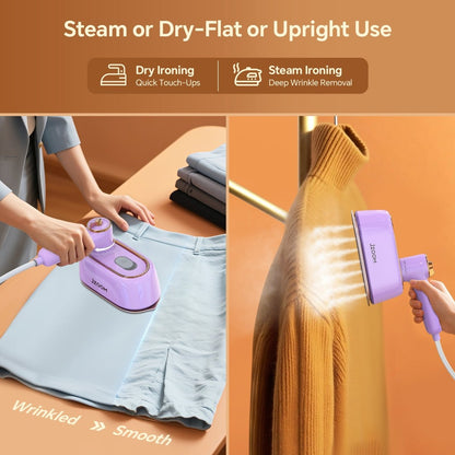 JZOOM S9 garment steamer - multi-use: dry ironing (flat, quick touch-ups) & steam ironing (upright, deep wrinkle removal).