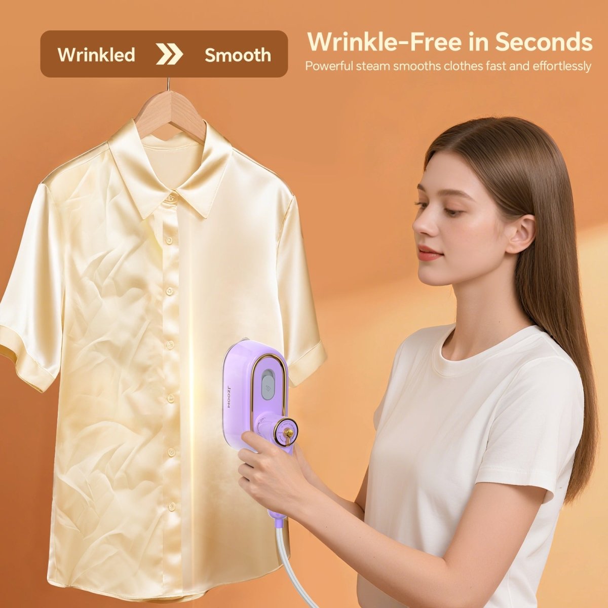 JZOOM S9 garment steamer - wrinkle-free in seconds: powerful steam smooths clothes (like silk shirt) fast and effortlessly.